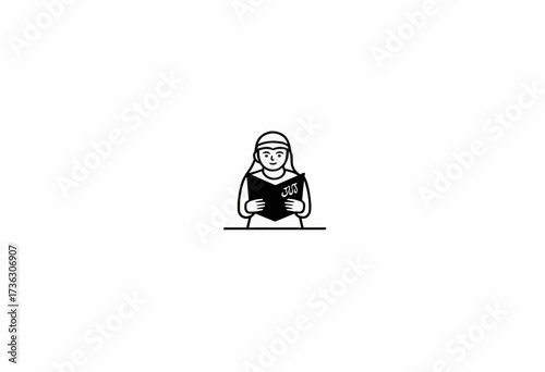 Minimalist illustration of a confident woman in uniform reading a book labeled 'JUS', symbolizing education, legal knowledge, and intellectual empowerment