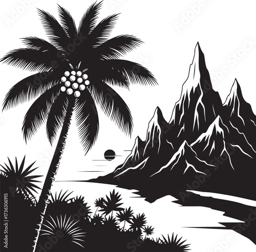 Silhouette of a tropical island landscape at sunset with mountains and palm trees