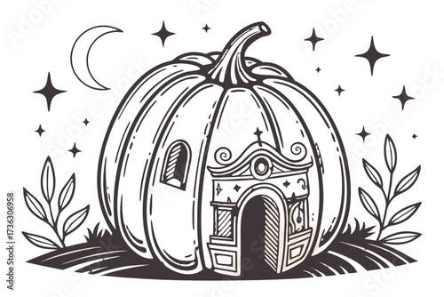 Whimsical pumpkin house with a moon and stars