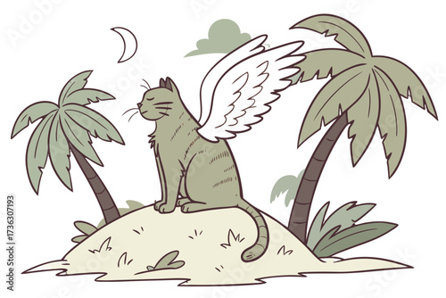 Whimsical cat with wings sitting on a tropical island at night