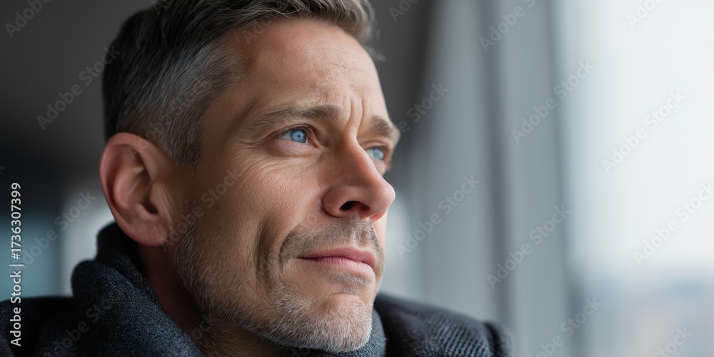 Obraz premium Man gazes thoughtfully out a window, deep in reflection during a quiet moment in a modern urban setting.