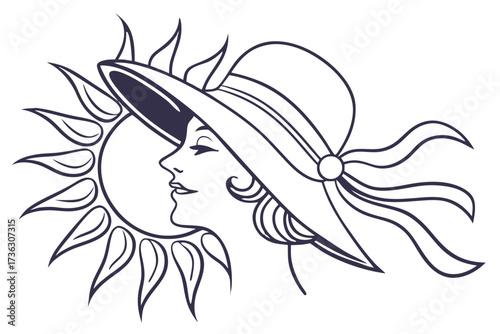 Woman in sun hat with sun illustration