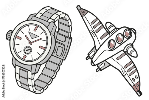 Wristwatch and spaceship illustration