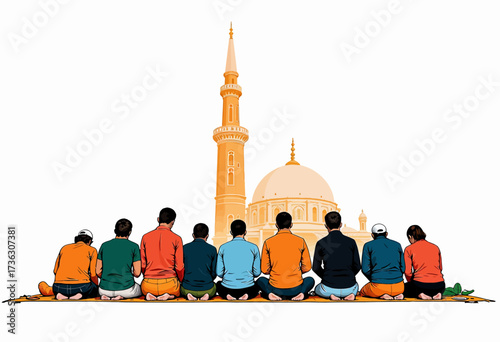 A Group of People Sitting in Reflection and Prayer Facing a Beautifully Designed Mosque with Elegant Architectural Features