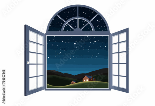 Peaceful Nighttime Countryside View Through an Open Window With Starry Sky and Cozy Houses Nestled Among Rolling Hills