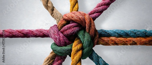 Collective Effort Integration and Unity with teamwork concept as a business metaphor for joining a partnership synergy and cohesion as diverse ropes connected together in interdependence.