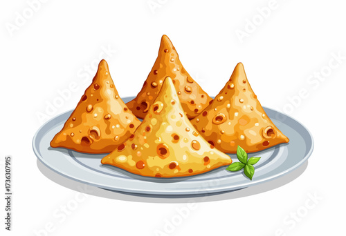 Plateful of Crispy Golden-Brown Triangular Pastry Snacks Filled with Savory Ingredients on a White Background Highlighting Traditional Culinary Delight
