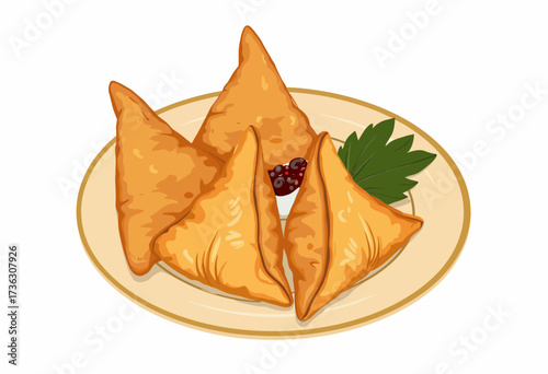 A Plate of Golden Crispy Samosas with Green Garnish and Sweet Chutney Reflecting Traditional Savory Indian Snack Served Warm and Inviting