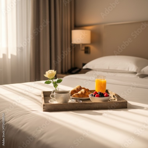 Experience the luxury of a hotel getaway with a carefully arranged breakfast tray displaying coffee, croissants, orange juice, and berries on a pristine bed, all beautifully lit by gentle sunlight.