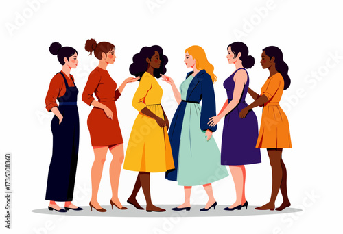 Illustration of six diverse women socializing, each wearing unique colorful outfits, showcasing inclusivity and diverse fashion styles in a casual group setting
