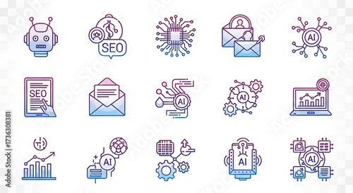 Set of icons representing technology, artificial intelligence, SEO, email marketing, and data analytics with a gradient purple and blue color scheme