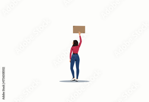 Illustration of a Woman Standing Alone Holding a Blank Banner in Protest Pose on a Minimalist White Background