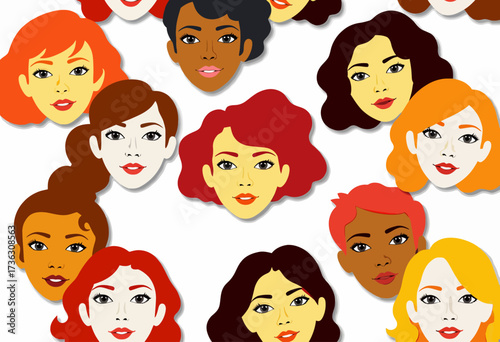 Illustration Showcasing Diversity and Expression Through Stylized Portraits of Women with Various Hairstyles and Skin Tones on a Light Background
