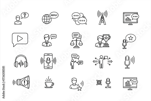 Collection of thin line icons for communication and media speech bubble