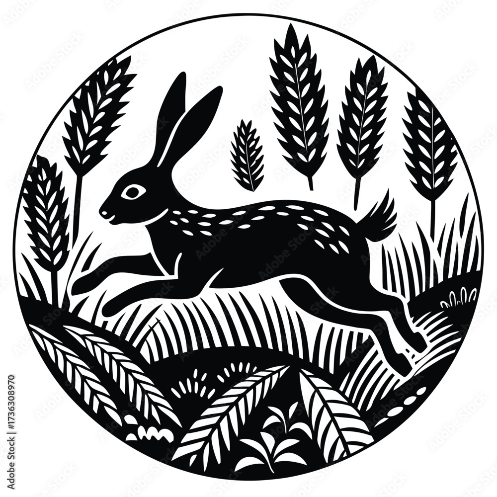 Obraz premium Black vector illustration of a tribal animal logo design featuring a rabbit silhouette