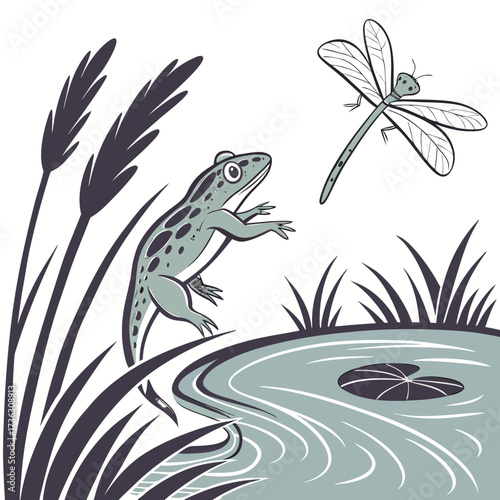 Cute green cartoon amphibian frog illustration on a leaf in water