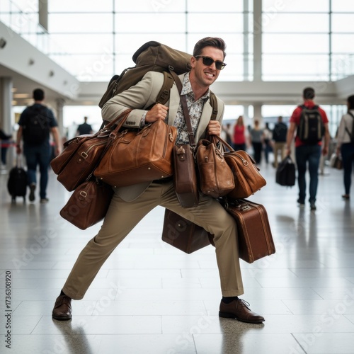 A comedic depiction of a fashionable man humorously struggling with an excessive amount of luggage at the airport, highlighting the comical side of travel stress with his exaggerated struggle and