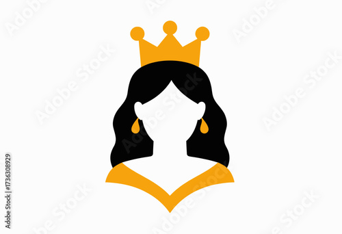 Illustration of a regal silhouette featuring a queen with flowing hair, ornate crown, and elegant earrings against a simple background