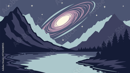 Stunning mountain vista reflecting galaxy in serene lake, a peaceful escape under starry skies offering tranquility and natural beauty, originally vector art
