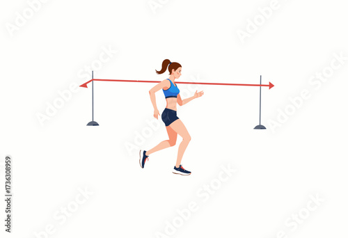 Illustration of a woman in athletic attire running energetically across a finish line with a red ribbon on a clear background, symbolizing determination and victory