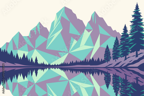 Stunning geometric mountain landscape reflected in calm lake, peaceful nature scene with vibrant colors, perfect for travel and outdoor adventure promotions