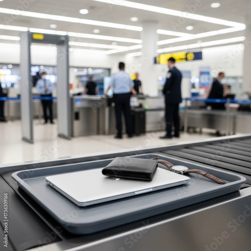 At the airport security checkpoint, a gray tray holding a laptop, black wallet, and wristwatch awaits inspection on a conveyor belt, with security in the blurred backdrop.