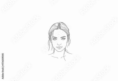 Detailed black and white line drawing of a serene girl's face with tied-back hair and delicate features on a clean white background
