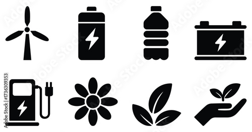Eco energy icons vector, renewable power symbol set, battery and leaf design, green energy vector, sustainability graphics vector