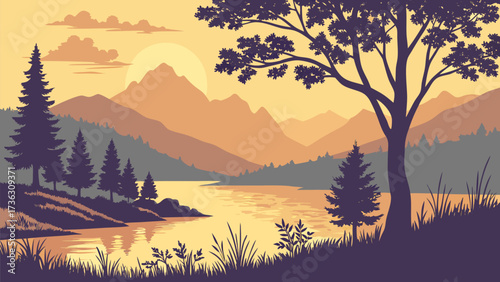 Serene lakeside sunset scene with mountains and silhouetted trees, evokes peacefulness and natural beauty, perfect for travel, nature, or landscape themes