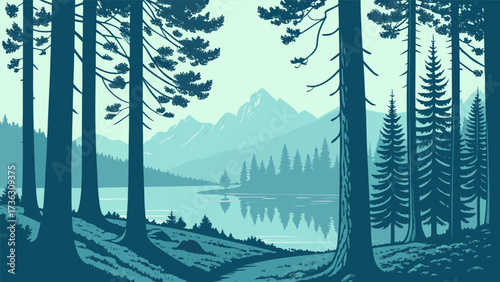Stunning mountain vista with tranquil lake reflecting towering peaks, framed by majestic forest trees, evoking peace and adventure, ideal for nature lovers