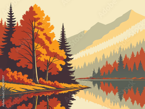 Breathtaking autumnal landscape featuring a serene lake mirroring the vibrant foliage and majestic mountains, perfect for nature lovers and scenic backgrounds