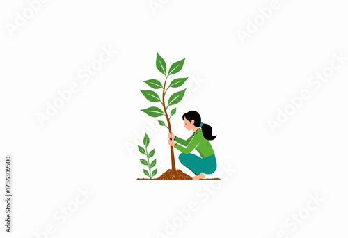 Illustration of a Woman Engaging in Tree Planting Activity to Promote Environmental Conservation and Sustainability Efforts in a Minimalist Style