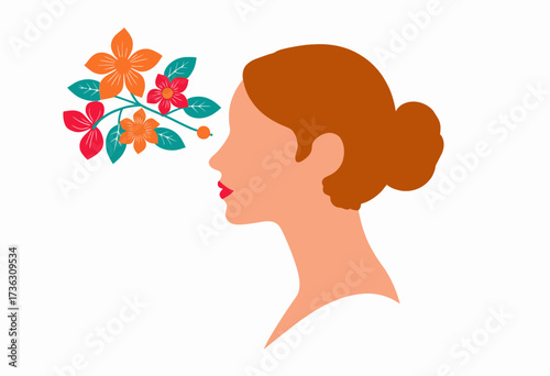 Silhouette of a Woman with Blossoming Flowers Extending from Her Profile Demonstrating Natural Beauty and Harmony