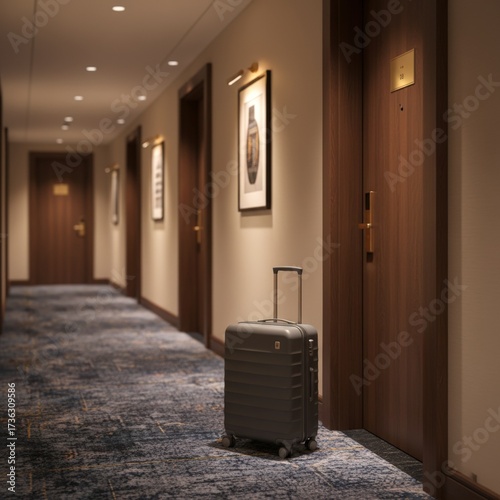 A sleek suitcase patiently waits by a hotel room door in a softly illuminated hallway, capturing the essence of travel, transient stays, and the hospitality experience.