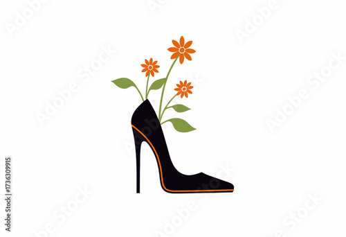 Elegant Black High Heel Shoe With Vibrant Orange Flowers and Green Leaves Emerging From Inside, Symbolizing Style and Nature's Fusion