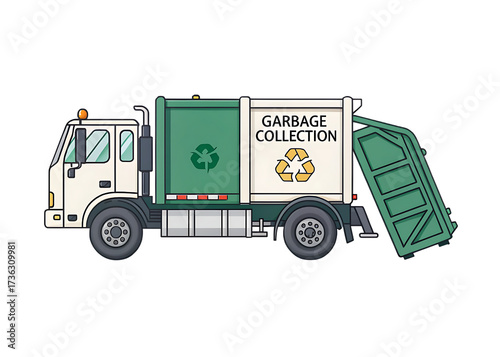 Illustration of a white and green garbage collection truck with recycling symbols isolated on transparent background