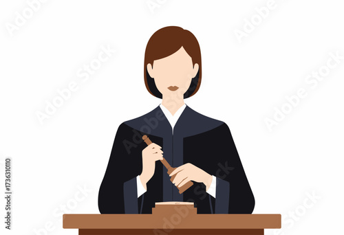 Illustration of Professional Judge with Gavel Making Legal Decision in Courtroom, Wearing Traditional Court Attire Behind Judicial Bench