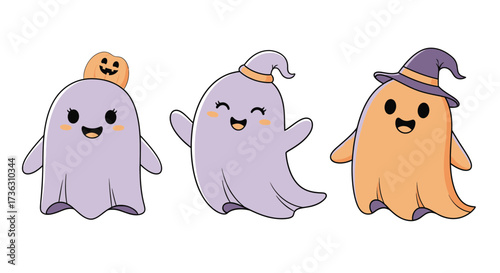 Three cute cartoon ghosts with happy faces and halloween hats