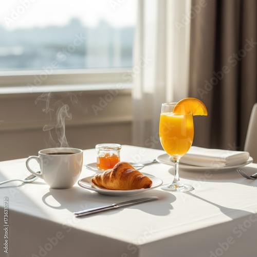 Inviting Breakfast Setting: Steaming Cup of Coffee, Glass of Fresh Orange Juice, and Golden Croissant on a White Tablecloth in a Sunlit Room, Suggesting a Relaxing and Delicious Morning Meal.