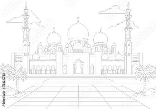 A grand mosque with minarets domes and tiled courtyard under cloudy skies