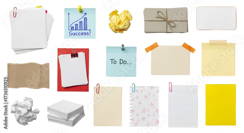 Collection of paper notes and crumpled paper on black background