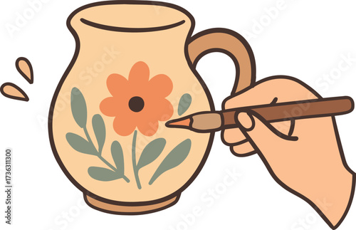 Vector doodle kawaii illustration of a hand painting a clay jug with a brush.