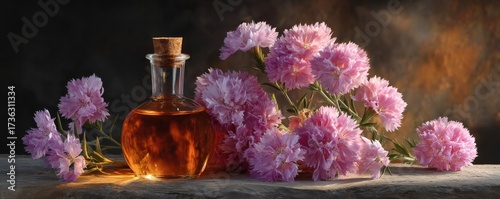 Bottle of Palmarosa Oil Surrounded by Delicate Pink Flowers on Textured Surface with Warm Background