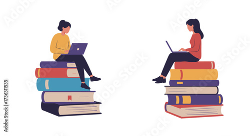 Two women working on laptops atop stacks of colorful books