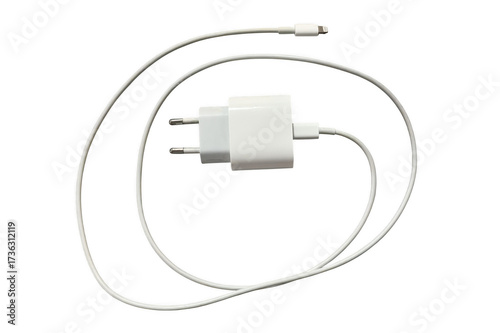 White charger with Lightning cable on transparent background