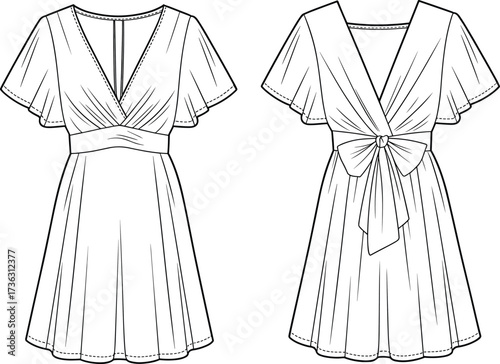 CAD fashion flat sketch, flutter sleeve dress vector, v-neck bow tie garment design, short dress clothing template, apparel flat illustration