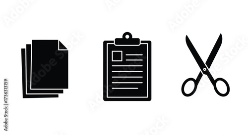 Stationery icons depicting papers a clipboard and scissors in black