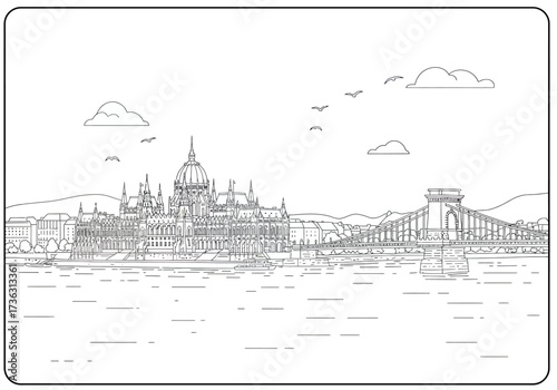 Budapest parliament building  Széchenyi Chain Bridge seen from the Danube River on a clear day with a few clouds  birds