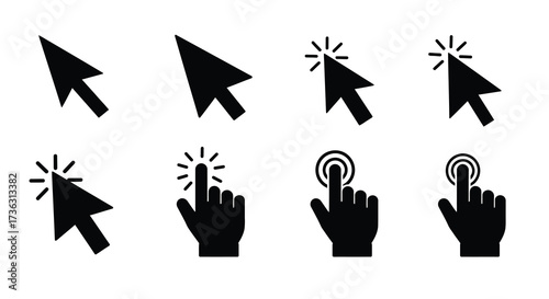 Collection of various black cursor and hand icons on white background