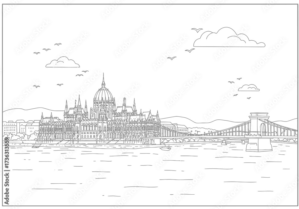 Fototapeta premium Budapest skyline Parliament building Széchenyi Chain Bridge over the Danube River under clouds and birds